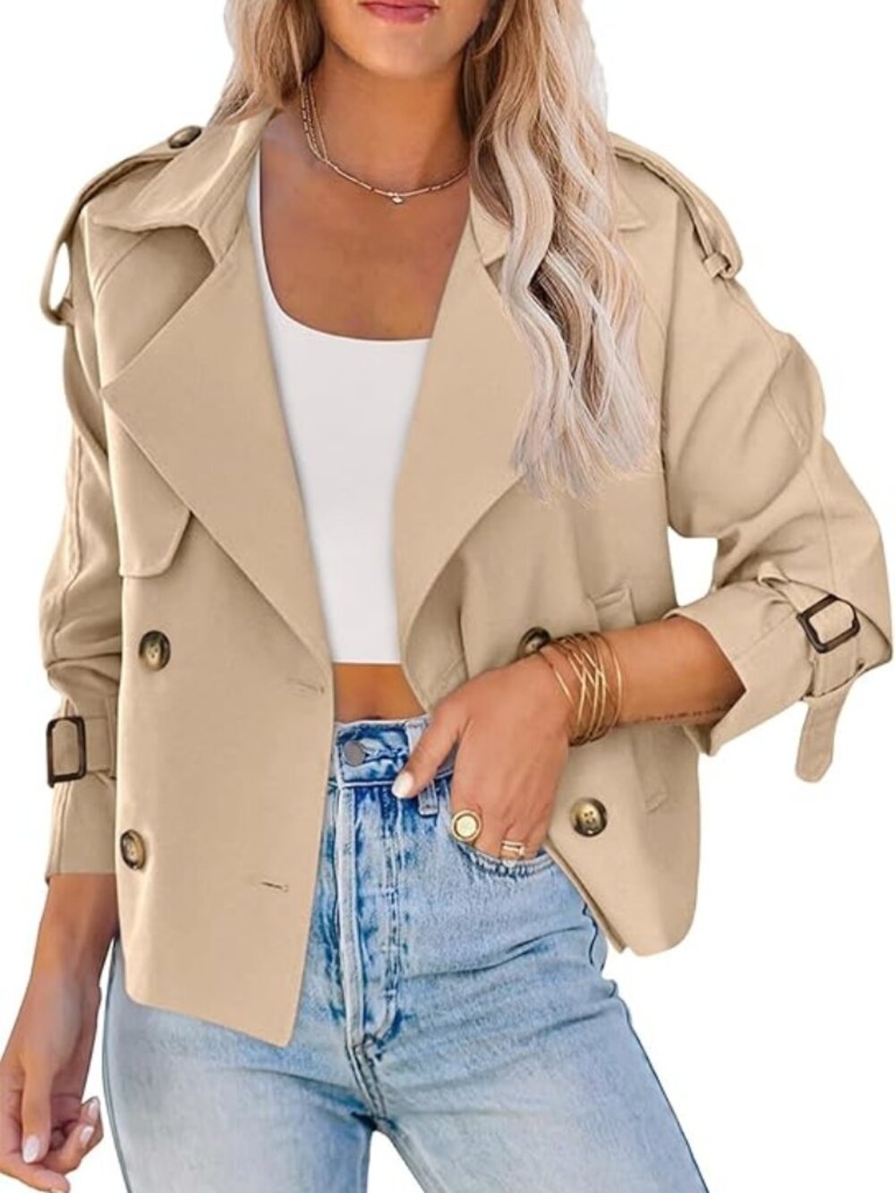 Women's Khaki Cropped Raglan Sleeve Lapel Collar Double Breasted Trench Coat